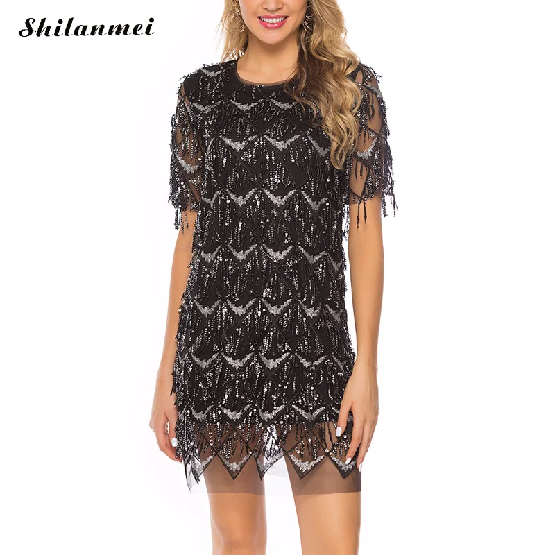 Женское вечернее платье с кисточками блестящее Сетчатое винтажное мини коротким