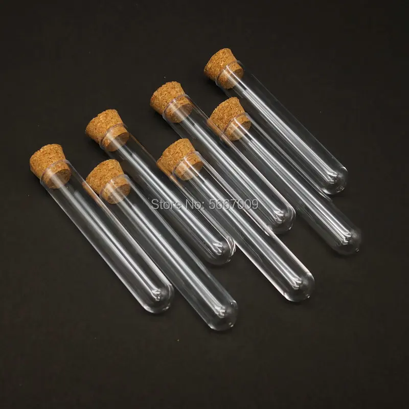 

100pcs 12x60mm Lab Transparent Plastic test tube with Cork Cap Stopper U-shape bottom Laboratory or Wedding favours Spice Tube