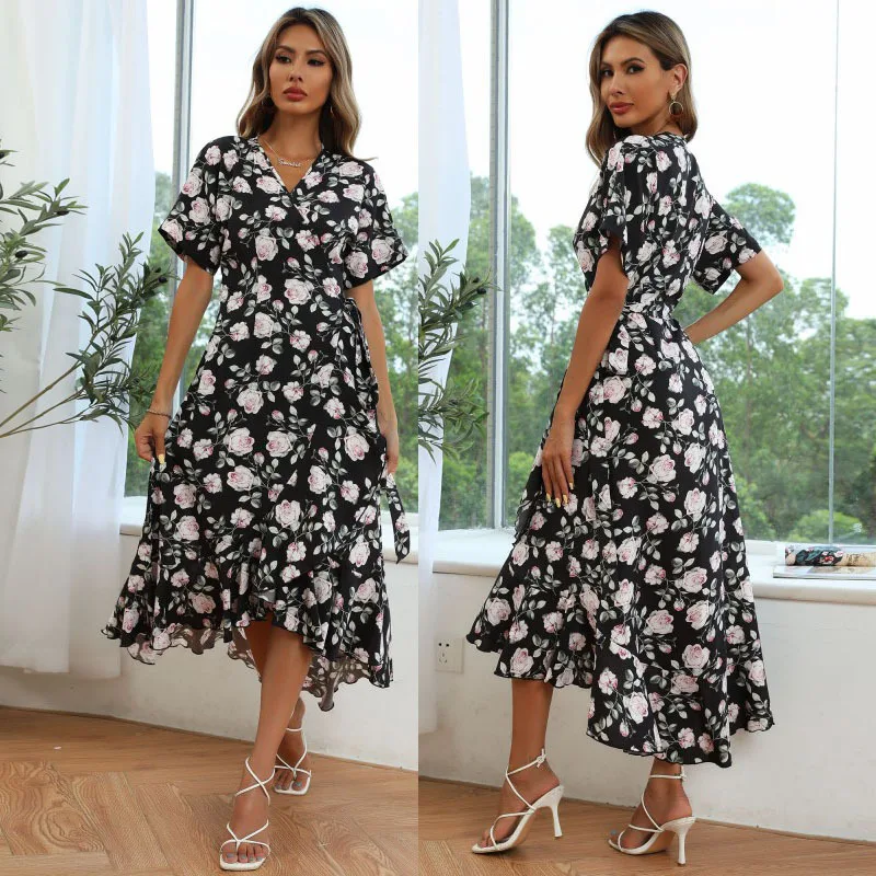 

2021 Summer Elegant and Fashionable Women's Short-Sleeved Chiffon Wrap-Around Printed V-Neck Dress Women