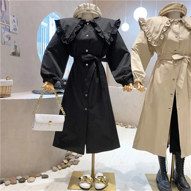 

NEW Niche Design Women's Clothing 2021 Autumn Single-breasted Lace-up Mid-length Doll Collar Loose Windbreaker Jacket Coat