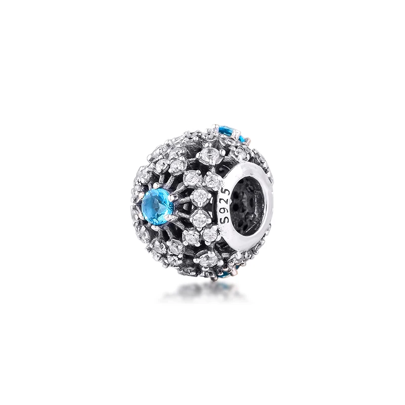 Подходит для Pandora Braclets ажурные снежинки Подвески с синим кристаллом 100% 925