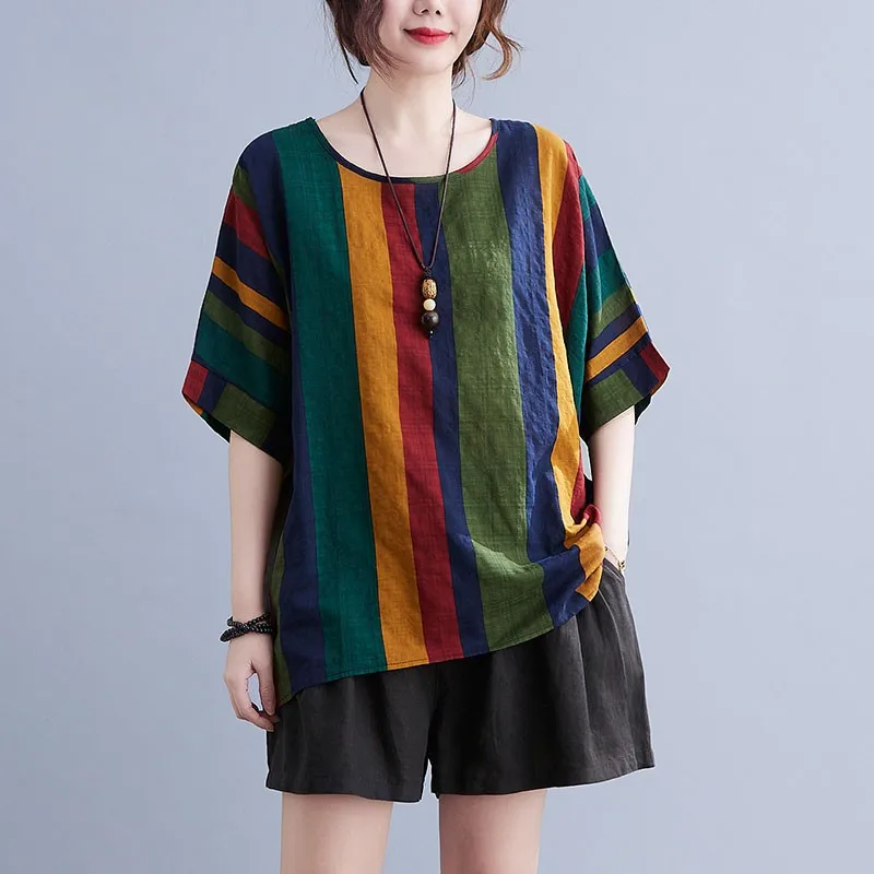 

Women Cotton Linen Casual T-shirts New Arrival 2021 Summer Vintage Style Colorful Striped Loose Female Tops Tees S3569