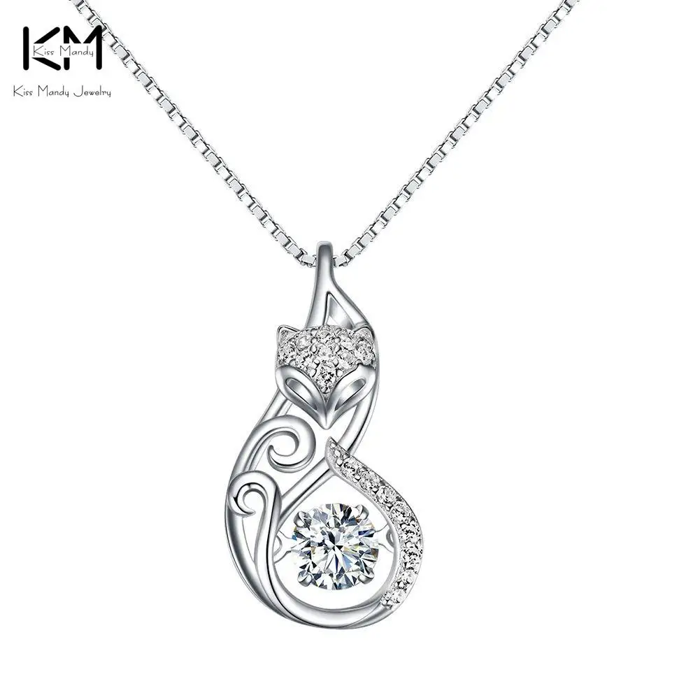 KISS MANDY Cute 925 Silver Fox Pedant Necklaces Insert 1ct Movable Charm Cubic Zirconia Sterling Silver Necklace Jewelry KSN53