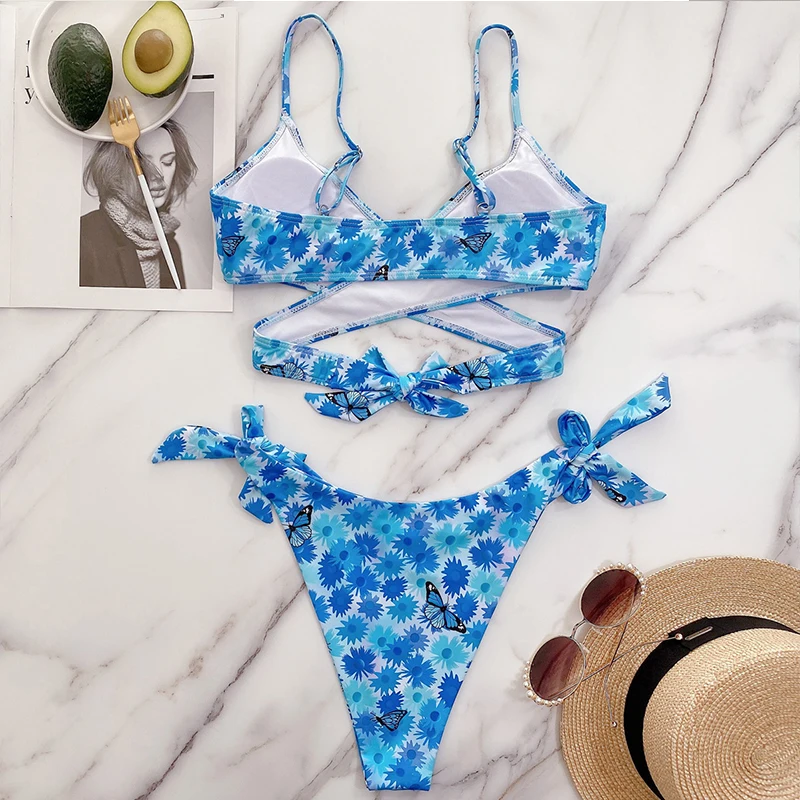 

2021 Hot Sale Women's Summer Butterfly Print Tie Bikini Two-PiecePush Up Cross Bandage Deep V Swimwear