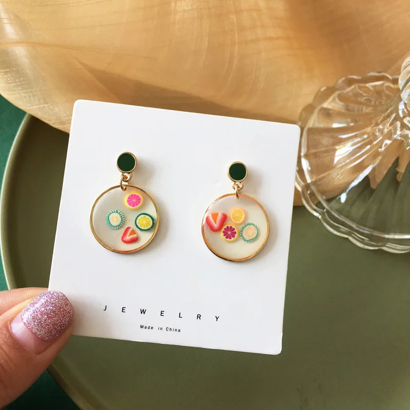 

Japan South Korea Spring and Summer New Fresh and Lovely Fruit Earrings Creative Fun Round Resin Ear Jewelry Sweet Girl Earrings