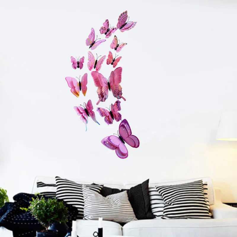 12PCs 3D Butterfly Wall Stickers Pink Vivid Decoration Kid's Room Decor Stereoscopic Bedroom | Дом и сад