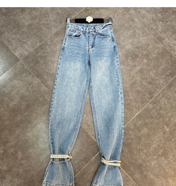 

SISPELL Patchwork Pearl Denim Pants For Female High Waist Loose Women's Casual Straight Leg Trousers Fashion Streetwear 2021