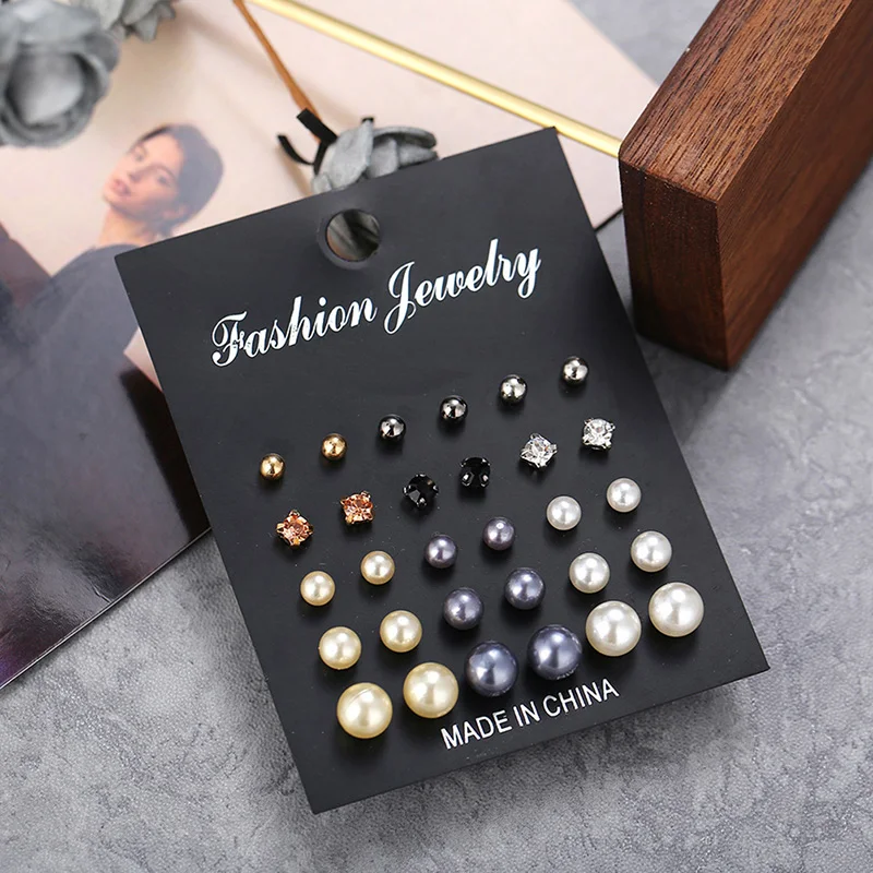 

15Pairs/Set Mixed Pearl Crystal Ear Studs Fashion Earrings Jewelry Gift For Women Wholesale