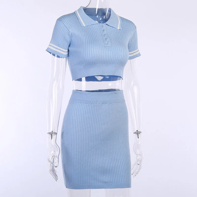 

Knitting Ribbed Fashion Women Two Piece Sets Short Sleeve Casual Solid Outfits Button Crop Top And Skirt Co-ord Suit Female