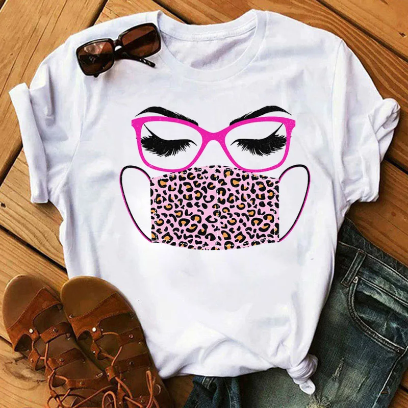

New Fashion Women T Shirt Leopard Face Mask Eyelash Print Tee Shirt Female Short Sleeve Tops Tee Harajuku T-shirts 90s Girls Tee