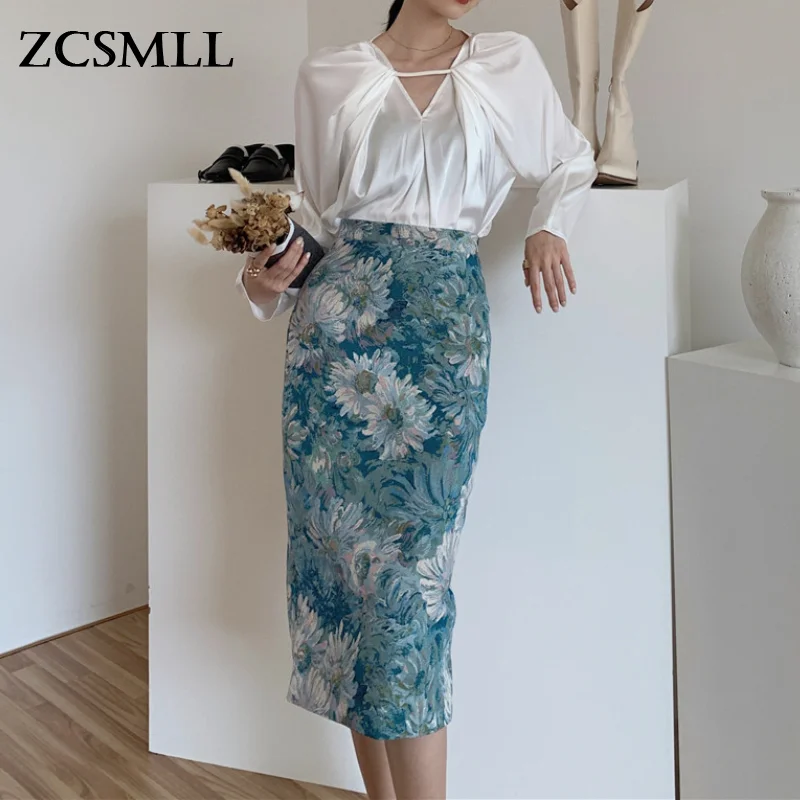 

Юбка ZCSMLL женская с высокой талией, приталенная юбка средней длины с разрезом, с масляным рисунком, модная юбка выше колена, весна-лето 2021