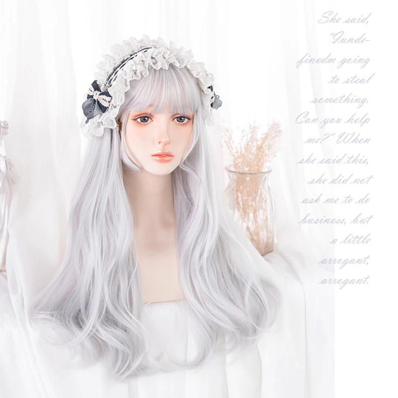 

Silver White Harajuku Headwear Fairy Long Curly Girls Lolita Adult Light Gray Wavy Cute Bangs Kawaii Princess Daily Wear