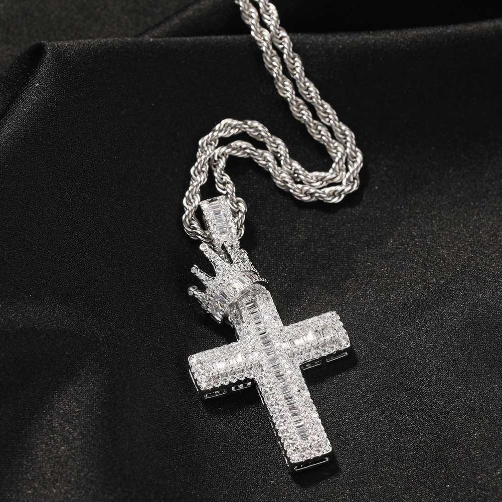

Fashion Accesories Crown Cross Pendent Necklaces AAA Iced Out Baguette Cubic Zirconia Charms For Women Men Hip Hop Jewelry