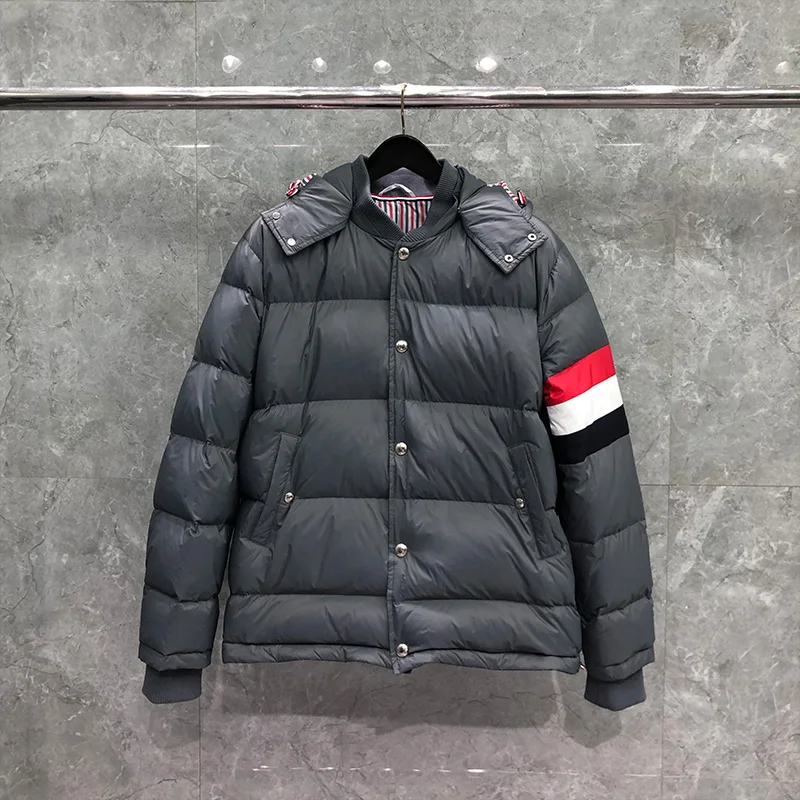 TB THOM Winter Men's Jacket Down Jacket Fashion Brand Gray Hoodies Coat Down-Filled Matte Nylon RWB Stripe Wholesale TB Jackets