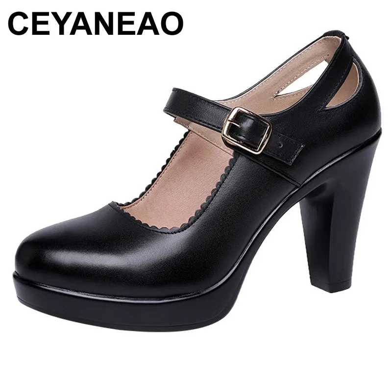 

CEYANEAO Big Size 33-43 Block Heel Platform Shoes Women Pumps 2022Black Mary Jane Shoes Woman High Heels Office Leather Shoe
