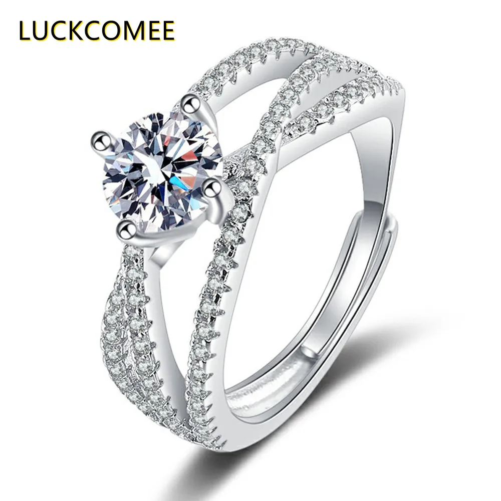 Anéis de Casamento Luckcomee Prata Esterlina Multilateral Diamante Feminino Anel d Cor Moissanite Charme Jóias S925