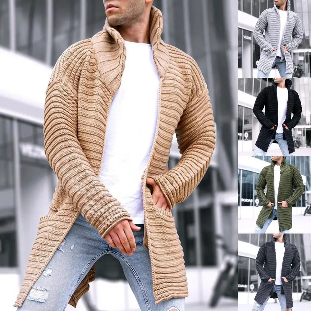 

Pockets Long Sleeve Cardigan Sweater Autumn Winter Lapel Solid Color Ribbed Knitwear Coat Outerwear