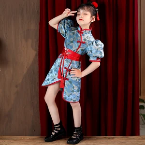 Girls Dress Qipao Evening Dresses Blue Children&#39;s dresses Cheongsam Dress Printing  Cheongsams Dress Girl Qipao Chinese Dress