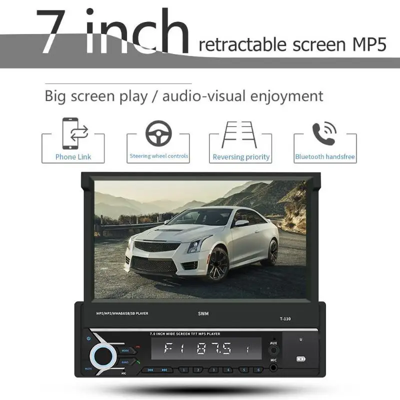 SWM T-110 Bluetooth Car Stereo MP5 Player 7 inch Retractable Screen AUX USB Radio Receiver In Dash Head Unit | Автомобили и