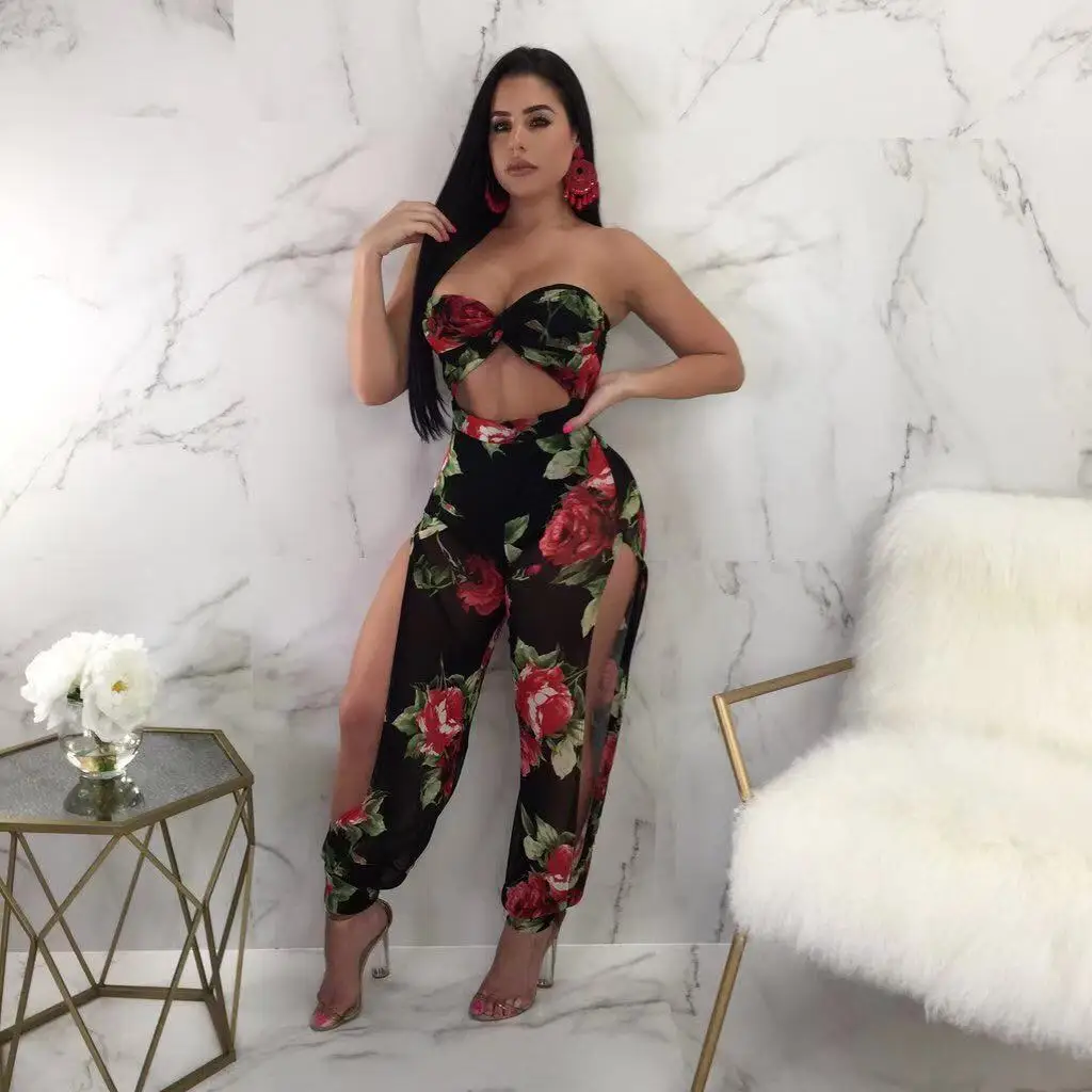 

UVRCOS Sexy Leg Split Off Shoulder Hollow Out Summer Sleeveless Nightclub Party Rose Printed Slim Jumpsuit2021 Birthday Outfits