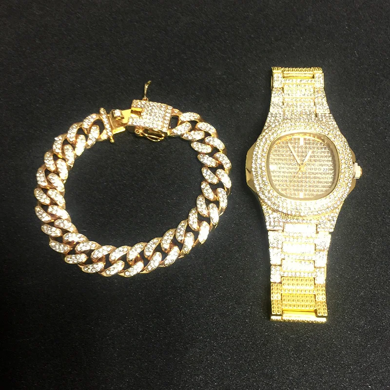 Gold Watch Bracelet Ожерелье+ часы+ браслет в стиле хип-хоп, кантри, кубинская цепочка, золото, серебро, Iced Out, проложили стразы, CZ, Bling Rapper для Мужчин, Ювелирные изделия - Окраска металла: Gold Watch Bracelet