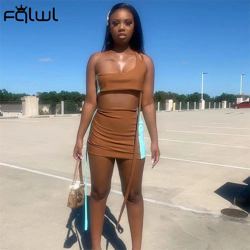 FQLWL с бретелькой на одно плечо без рукавов укороченный Топ Мини Юбки Комплекты