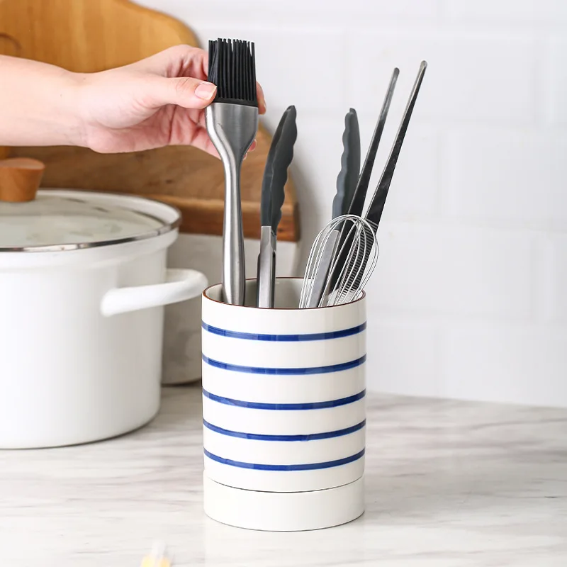 ceramic kitchen cutlery storage tube with drainer bottom gadgets tools organizer box accessories utensils conatiner holder jar free global shipping