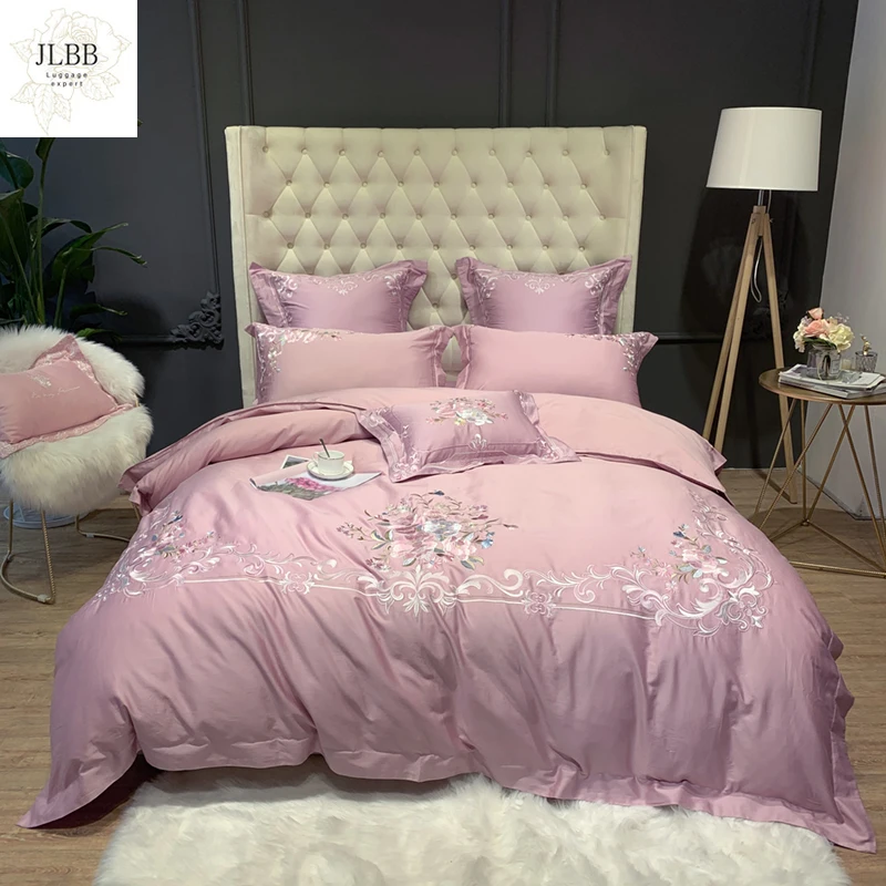 

Luxury European Palace Bedding Set Flower Embroidery 80S Egyptian Cotton Pink Duvet Cover Bed sheet Bed Linen Pillowcases 4/7pcs