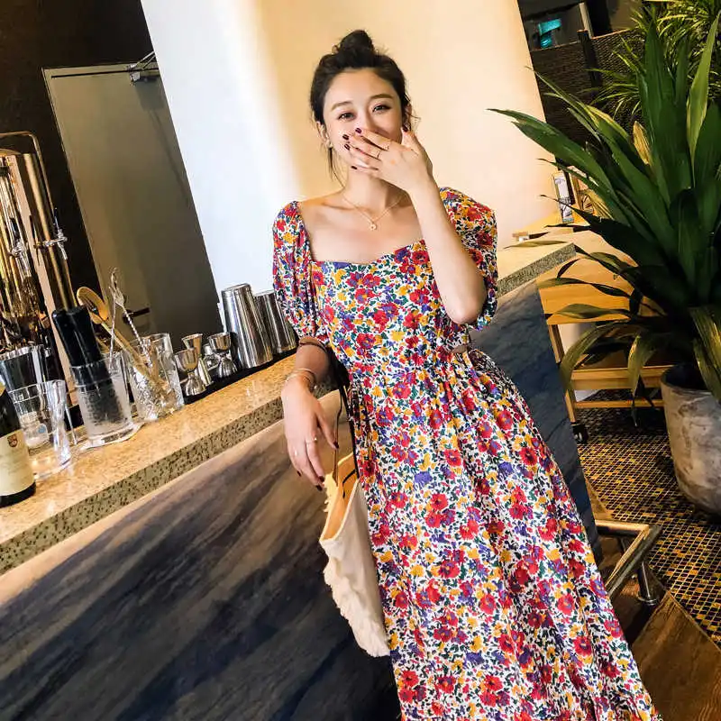 

South Korea dongdamen women's cotton printed floral dress women's summer slim holiday dress