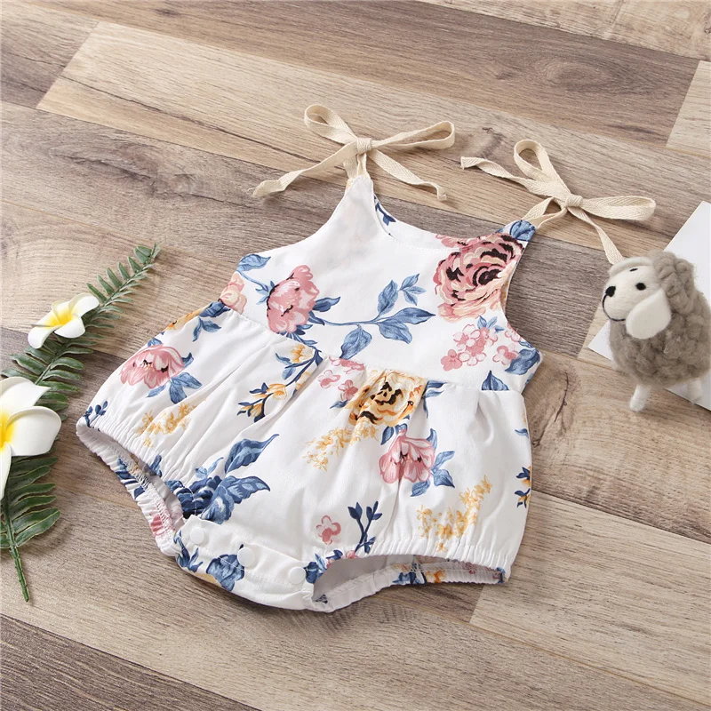 

Newborn Baby Girls Casual Suspender Jumpsuits,Toddler Infant Girls Flower Print O-Neck Bow Lace-Up Triangle Romper,0-24Months