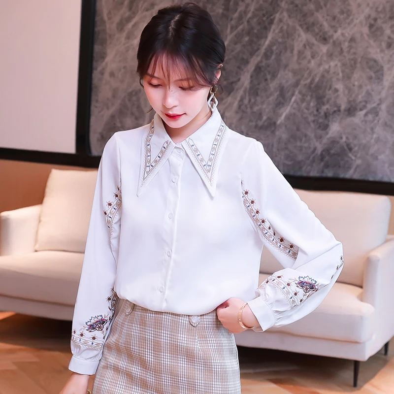 Женская приталенная блузка с длинными рукавами-фонариками и вышивкой от AliExpress WW