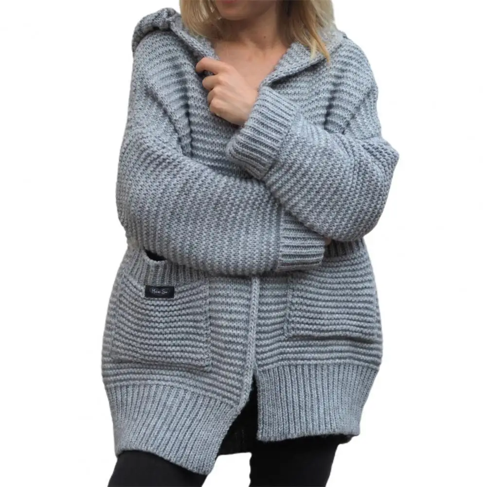 

Женский свитер, пальто 2021, свитер в рубчик с капюшоном, кардиган с двойными карманами, свободный Однотонный свитер для отдыха, пальто для хол...