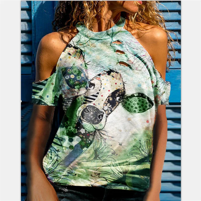 

2020 Hot Sale Casual Cow Print Cartoon T-shirt Women Halter Off Shoulder Summer Tops Sexy Short Sleeve Hole T-shirt