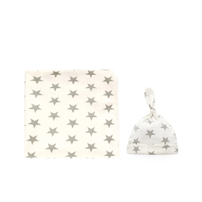 Grey Stars Set Детское одеяло со шляпой для новорожденных; Хлопковое одеяло для коляски; супер мягкое детское одеяло; детская одежда для фотосъемки - Цвет: Grey Stars Set