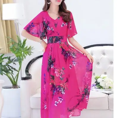 Bohemia Dress Beach 2020 Summer Women Chiffon Dresses Maxi V-Neck Slim Ladies Print Long Plus Size RQ454 | Женская одежда