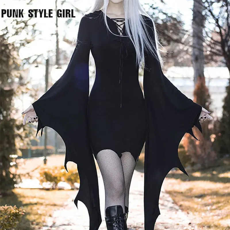 Disfraz de Halloween gótico para mujer, vestido de bruja con manga de murciélago, uniforme de vampiro diablo malvado, Cosplay de Death Hell, Mini vestido de fiesta