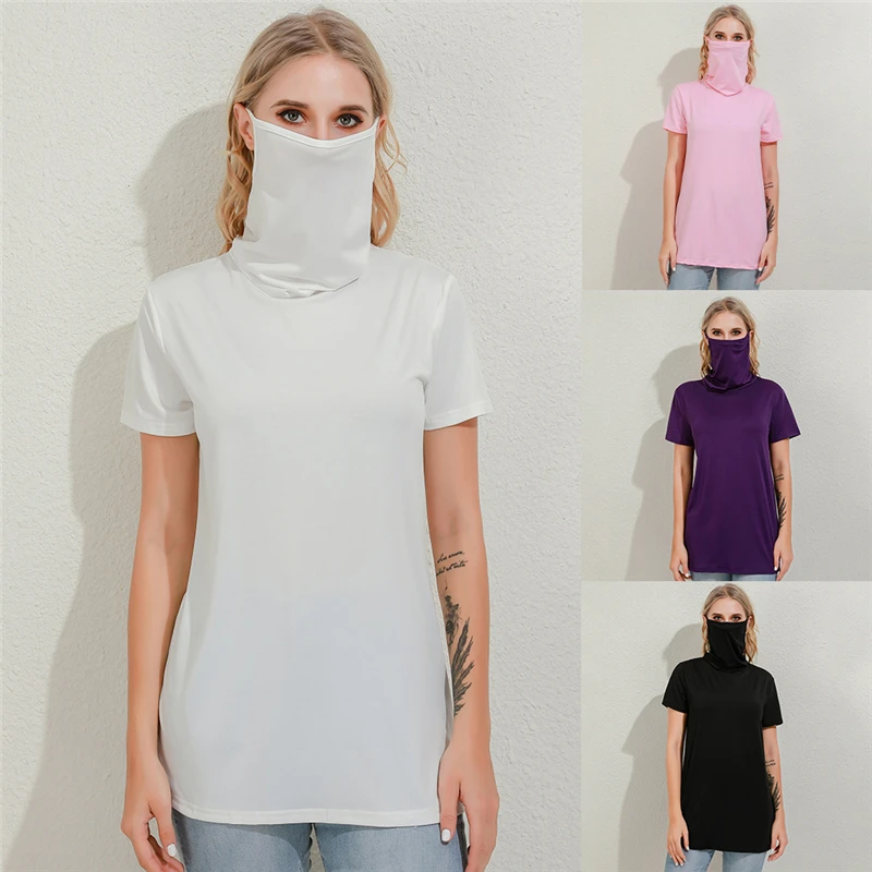 

New Creative T Shirt Multifunctional Dustproof Turtleneck Casual Solid Color Short Sleeve T-shirt For Female Fashion Steetwear