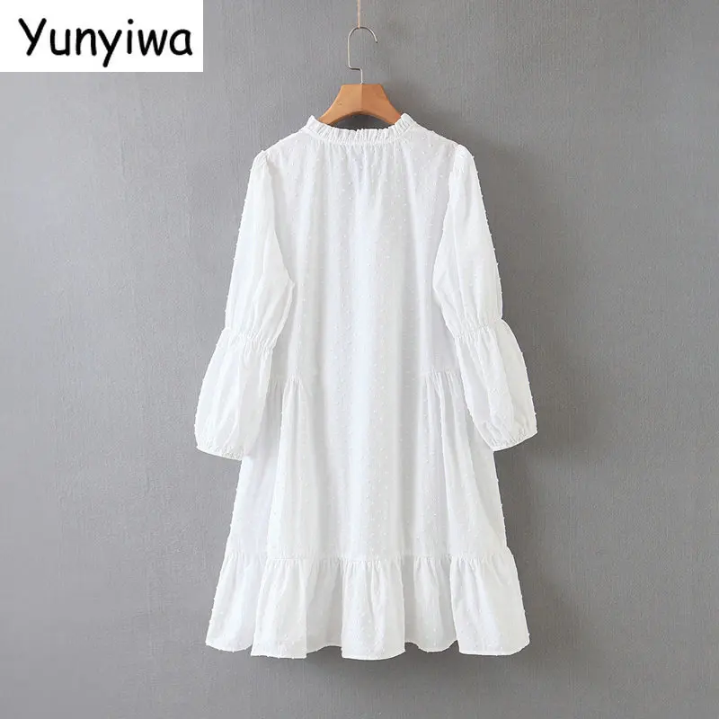 Модное женское белое платье в горошек с вышивкой и длинным рукавом повседневное