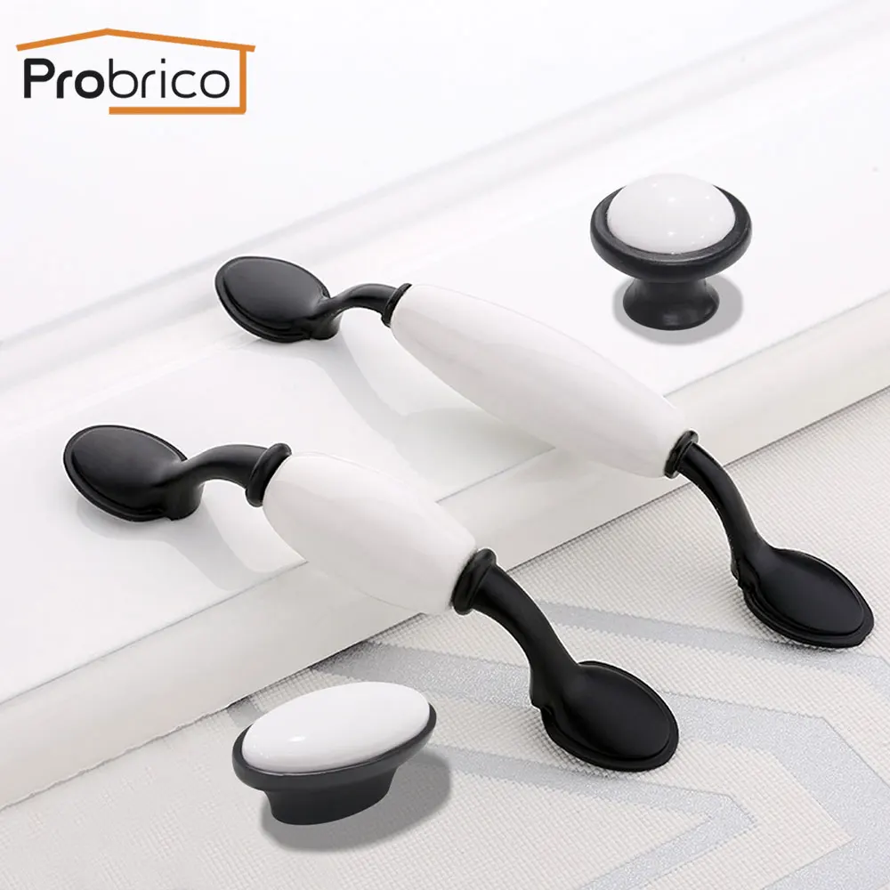 Probrico Black White Cabinet Handles Rural Style Ceramic Drawer Pulls Crackle Kitchen door and Knobs Furniture | Обустройство дома