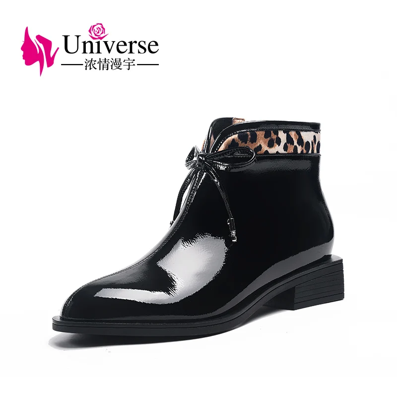 Universe J321/новые женские ботинки из лакированной кожи на низком каблуке модные