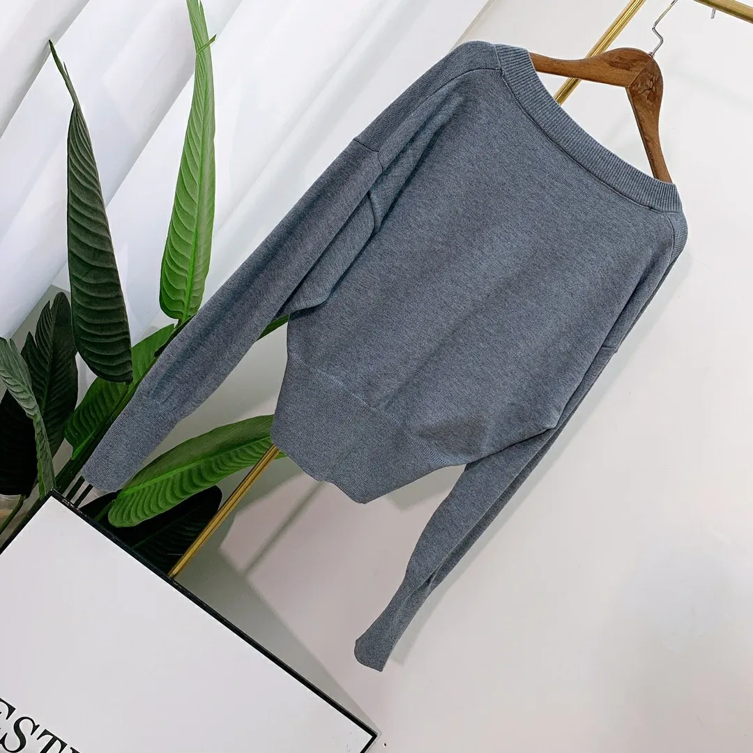 

ZCSMLL Big Pocket V-neck Korean Fashion Sweater Gray 2021 New Autumn Spring Sweater Women Long Sleeve Slim Simple Design