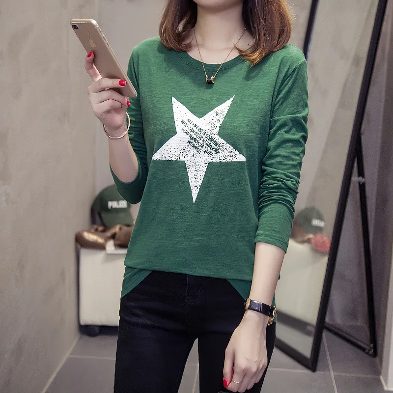 

New Korean College Style Five-Pointed Star Printing Loose Slimming Long Sleeve Round Neck Slub Cotton T-shirt Women