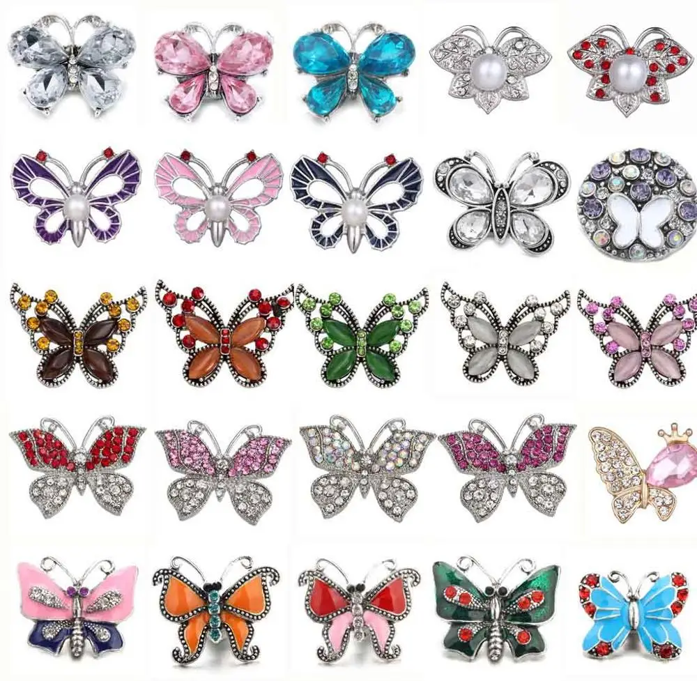 

5pcs/lot New Snap Jewelry 18mm Snap Buttons Mixed Crystal Rhinestone Butterfly Metal Snaps for Snap Button Bracelet