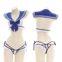 sexy open chest bow tie blue sailor outfit sweet girl three point suit school girl role playing costumes for sex lingerie set