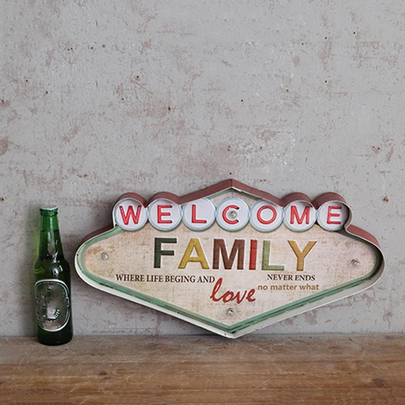Retro Wrought Iron Led Lamp Bar Mural Family Letters Wall Hanging Decorations Tin Painting |