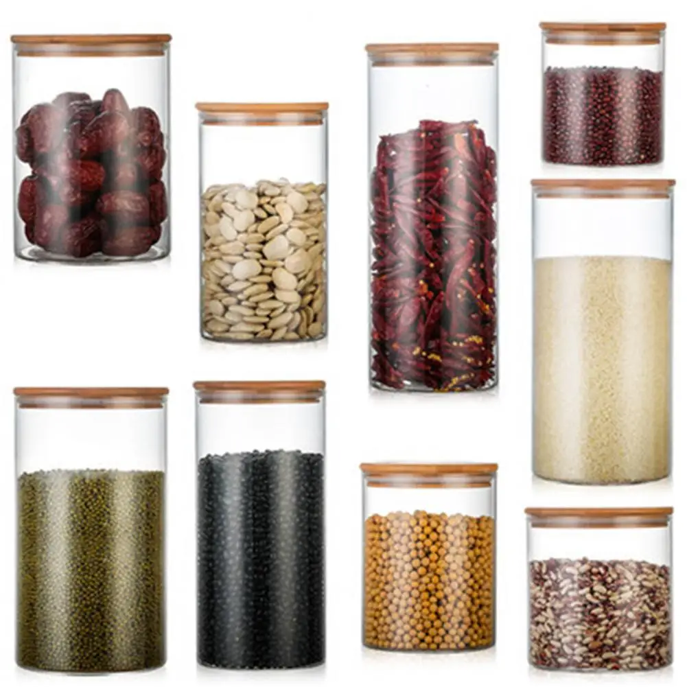 

Wood Cover Storage Tank Food Container Candy Organizer Sealed Portable Glass Cookies Biscuits Glass Jar Grain Organizer for Home