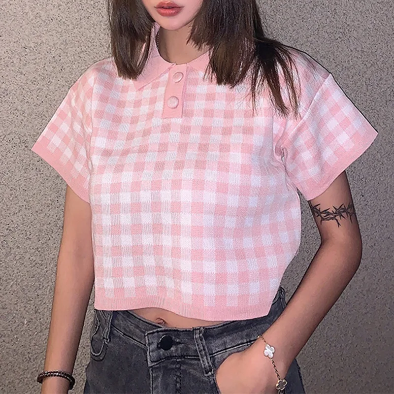 Женская футболка в клетку розовая или синяя с коротким рукавом круглым вырезом и