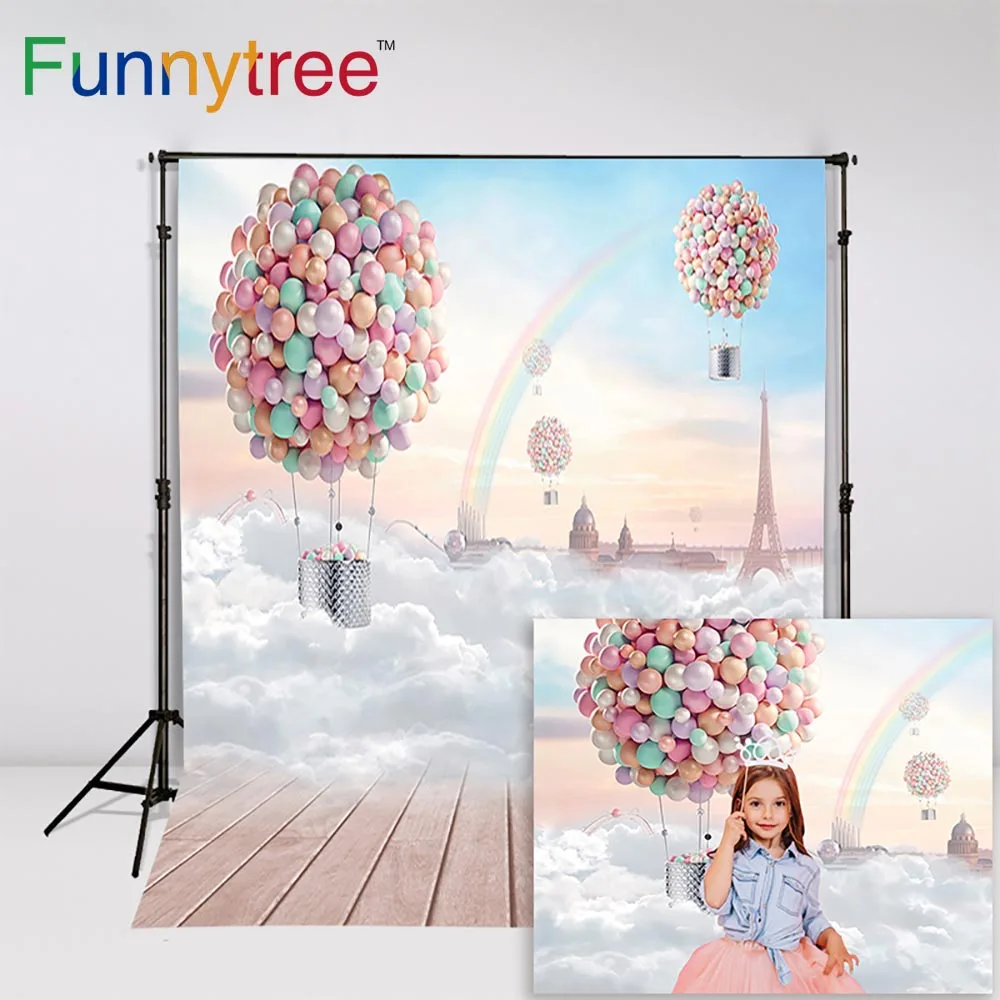 

Фон Funnytree для фотосъемки с изображением страны чудес воздушный шар Радуга Эйфелева башня детское небо Фотофон фотозона фотография