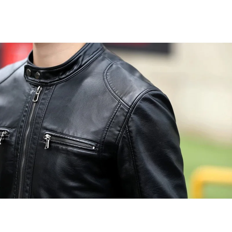 Мужская кожаная куртка DIMUSI облегающая Короткая с воротником стойкой