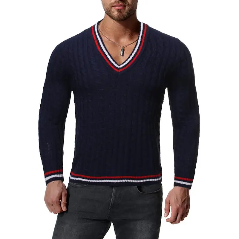 

V-neck Mens Striped Jumper Warm Sweater Men White Navy Knitted Sweater for Male Tops Pullovers Autumn And Winter